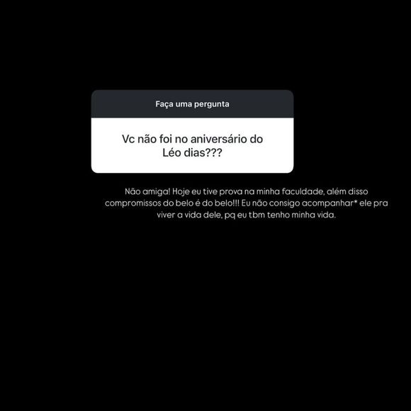 Namorada de Belo, Rayane Figliuzzi explicou o motivo pelo qual não foi à festa de Leo Dias.