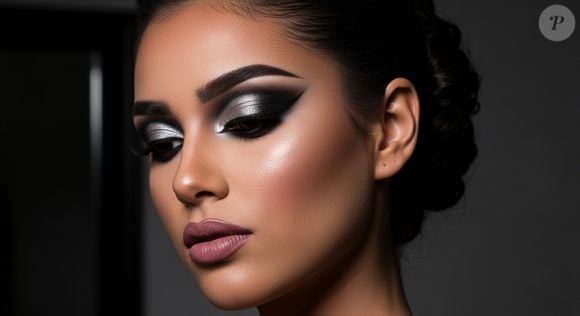 3. Drama Metálico Olhos Esfumados

Prompt: "Produza retrato em alta definição com olhos esfumados intensos em preto e prata metálico, delineado marcante, sobrancelhas bem definidas, pele com acabamento matte aveludado, lábios malva suave. Cabelo preso elegante, fundo escuro minimalista com iluminação lateral dramática."
