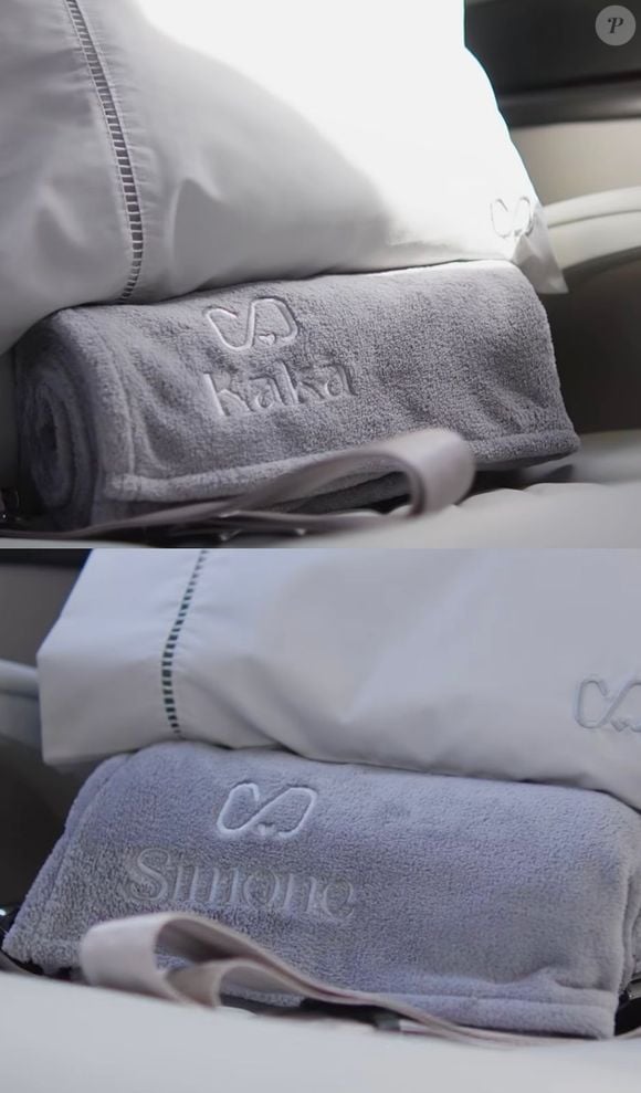 Toalhas personalizadas do jatinho de Simone Mendes com o nome dela e do marido, Kaká