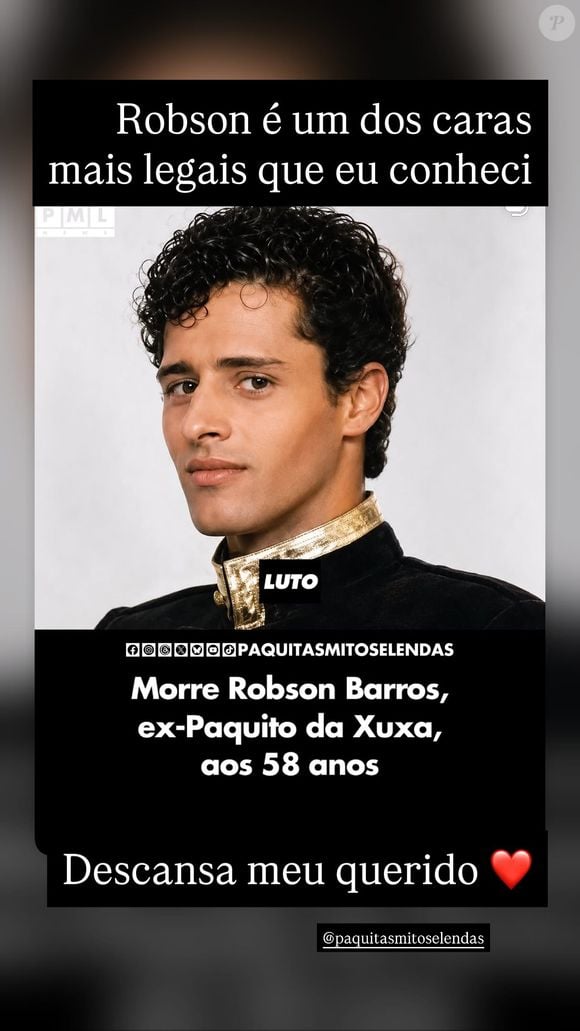 Juliana Baroni, que também trabalho ao lado de Robson Barros no extinto Xou da Xuxa, também lamentou a morte do amigo