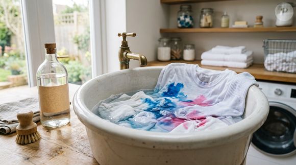Vinagre de limpeza pode ser uma alternativa para roupas coloridas que sofreram transferência de tinta, com a recomendação de deixar a peça de molho em uma mistura de água e vinagre por 15 minutos