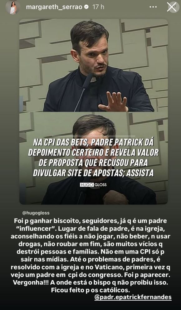 Postagem compartilhada nos stories de Margareth Serrão.