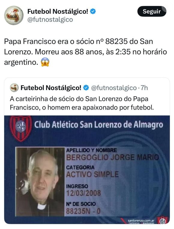 A carteirinha de torcedor de Papa Francisco do San Lorenzo.