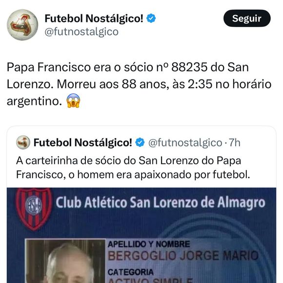 A carteirinha de torcedor de Papa Francisco do San Lorenzo.