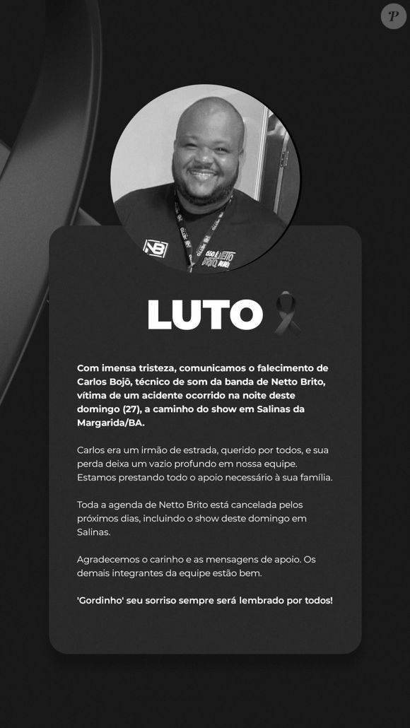 Morte de técnico de som foi confirmada no perfil oficial de Netto Brito