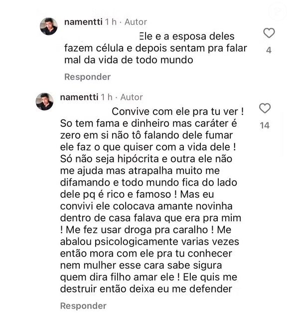 Ele também afirmou que o pai o fez usar drogas e o abalou psicologicamente várias vezes ao rebater um internauta.