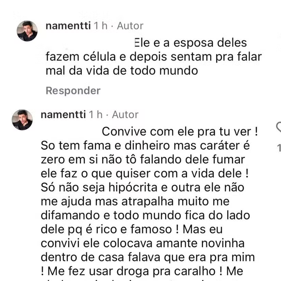 Ele também afirmou que o pai o fez usar drogas e o abalou psicologicamente várias vezes ao rebater um internauta.