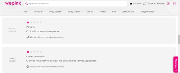 No site da WePink, as avaliações são bastante negativas para o body splash de waffle