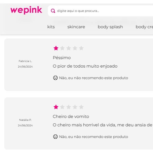No site da WePink, as avaliações são bastante negativas para o body splash de waffle