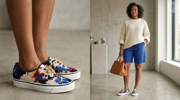 O short azul-cobalto reforça uma das cores presentes no bordado do tênis da Vans, enquanto o suéter de tricô em tom creme traz equilíbrio e elegância à produção