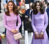 Em outra ocasião, Kate Middleton repetiu um vestido lilás de mangas longas de grife em um evento, e depois usou em visita à Alemanha.