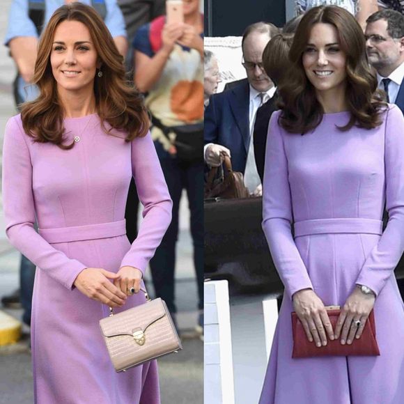 Em outra ocasião, Kate Middleton repetiu um vestido lilás de mangas longas de grife em um evento, e depois usou em visita à Alemanha.