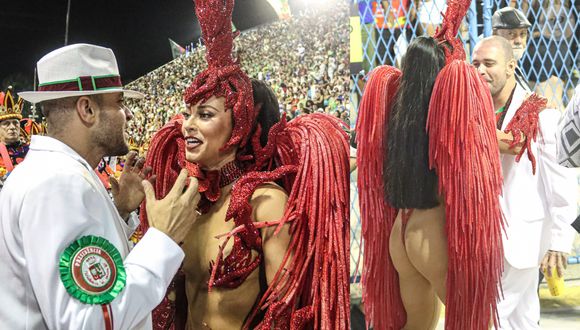 Paolla Oliveira teve a companhia do namorado, Diogo Nogueira, no desfile da Grande Rio mesmo ele sendo torcedor da Portela, no carnaval 2022