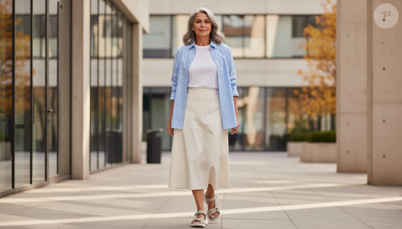 Combinação com saia de sarja, camiseta básica e camisa azul-claro traduz a tendência do 'sapato inesperado' no outono