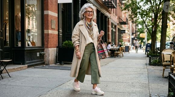 5. Para quem deseja usar o tênis rosa-amendoado em produções sofisticadas, uma opção é combiná-lo com calças de alfaiataria, blazers e casacos alongados. A mistura entre peças clássicas e a plataforma esportiva cria um contraste moderno para diferentes ocasiões informais.