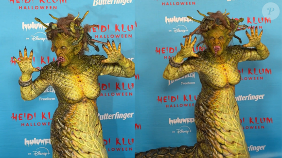 Transformação reptiliana de Heidi impressiona após 24 anos de tradição e mantém a modelo no topo das festas temáticas.