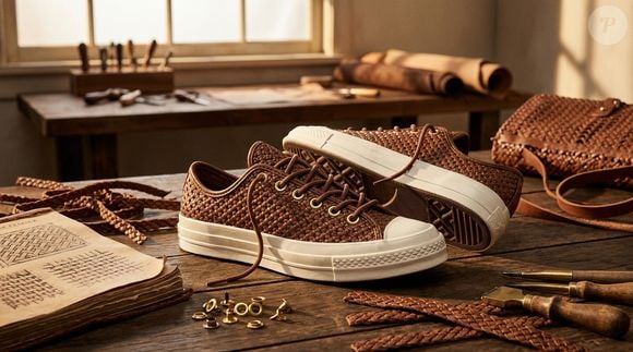 O acabamento em couro de bezerro 100% é um dos destaques do tênis Converse Chuck 70, que combina textura artesanal, tonalidade marrom e elementos clássicos em uma única peça