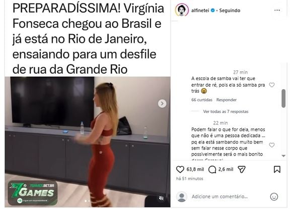 Virgínia segue sem convencer parte da web por samba no pé a 23 dias do desfile da Grande Rio no carnaval 2026: 'Samba só para trás'