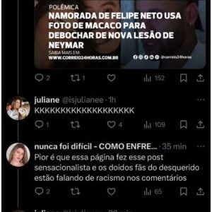 Neste sábado (19), a namorada de Felipe Neto foi avisada de que estava sendo acusada de racismo no post de um portal