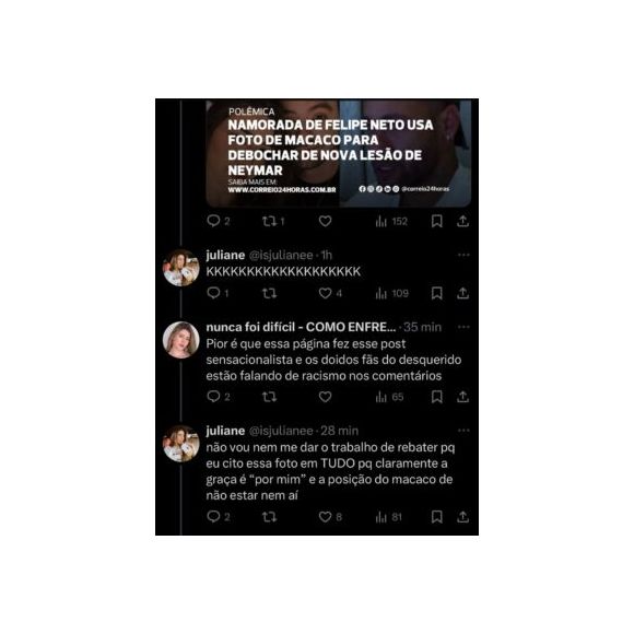 Neste sábado (19), a namorada de Felipe Neto foi avisada de que estava sendo acusada de racismo no post de um portal