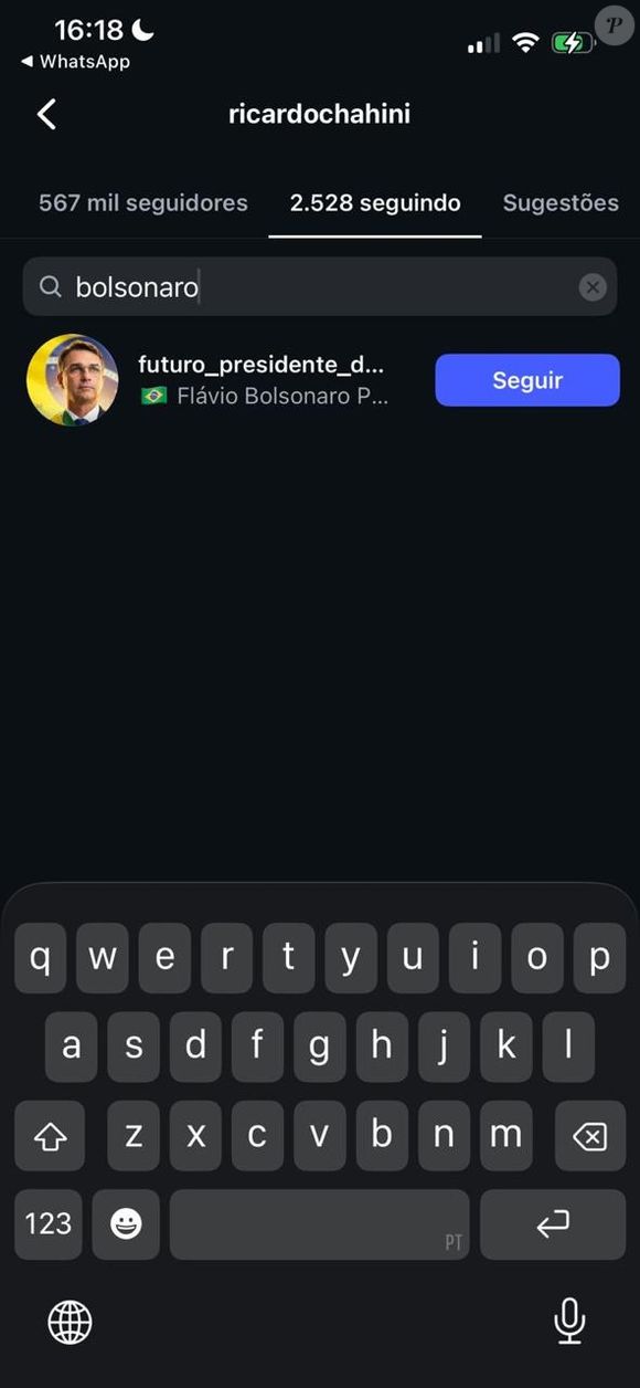 Ricardinho (@ricardochahini), de 27 anos, é atleta profissional de futebol freestyle e nasceu em Belém, no Pará. Ele chegou a seguir um perfil não oficial de apoio ao filho do ex-presidente Bolsonaro (@futuro_presidente_…), mas, até a atualização do fechamento da matéria, não seguia mais a conta