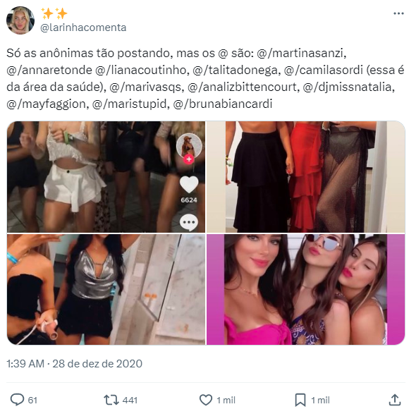 Na época, um perfil do X reuniu prints de diversas personalidades anônimas que participaram da festinha. Entre elas, estava Bruna Biancardi
