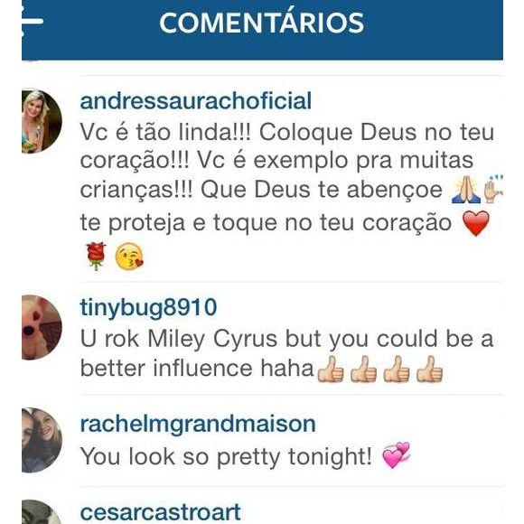 'Coloque Deus no teu coração': disparou Andressa Urach, quando era evangélica, para Miley Cyrus no Instagram