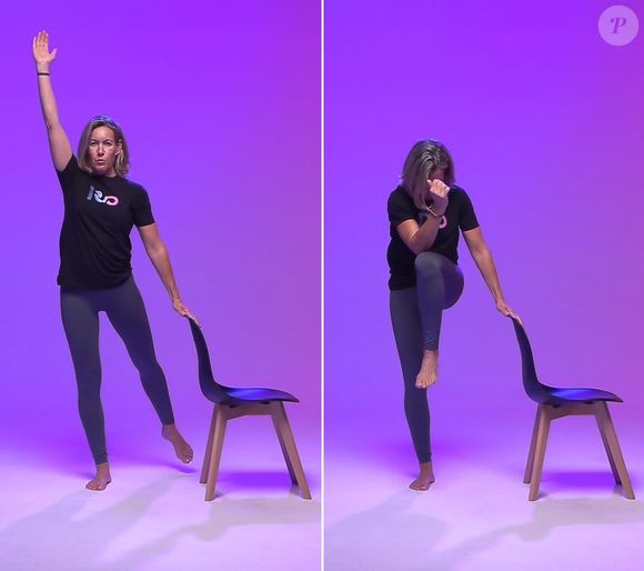 O terceiro exercício combina equilíbrio, coordenação e trabalho da região abdominal com o apoio na cadeira