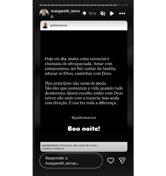 Margareth Serrão compartilhou a frase de um padre, por volta de 1h da manhã no horário de Brasília, 6h na Espanha