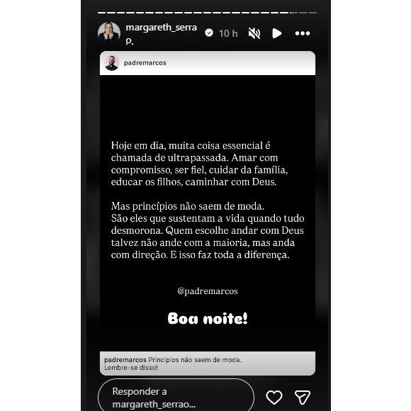 Margareth Serrão compartilhou a frase de um padre, por volta de 1h da manhã no horário de Brasília, 6h na Espanha