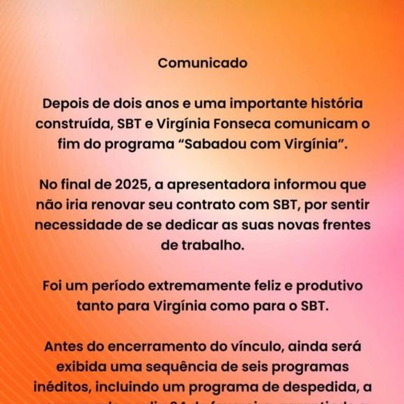 O canal fundado por Silvio Santos ainda exibirá seis programas já gravados por Virgínia, além de um episódio especial de despedida previsto para o próximo mês, conforme nota oficial da emissora