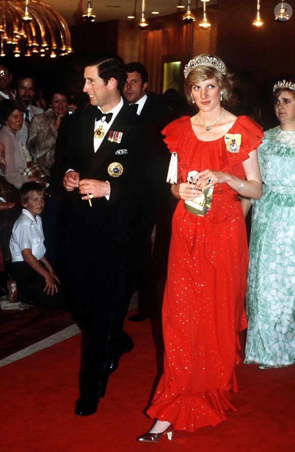 Princess Diana (1961 - 1997) and Prince Charles arrive for a state reception in Hobart, Tasmania, 30th March 1983. The princess is wearing the Spencer family tiara and a dress by Bruce Oldfield. (Photo by Jayne Fincher/Princess Diana Archive/Getty Images)