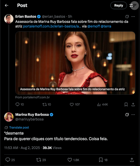 Marina Ruy Barbosa começou pedindo para ele não publicar notícias tendenciosas, mas o jornalista acabou respondendo