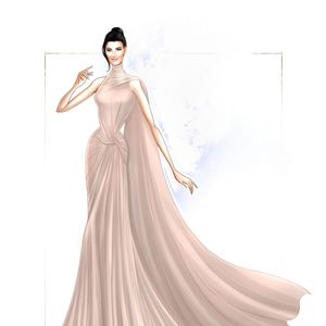Para a ocasião, foi escolhido um vestido feito sob medida para ela assinado por Nicola Jebran no estilo Goddess Core com uma faixa esvoaçante e detalhes drapeados, sapatos Aquazzura.