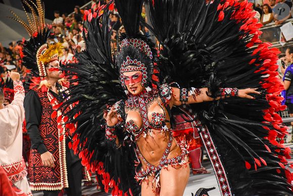 Carnaval 2026: a rainha de bateria da Dragões da Real, Karine Grum, roubou a cena pelo costeiro