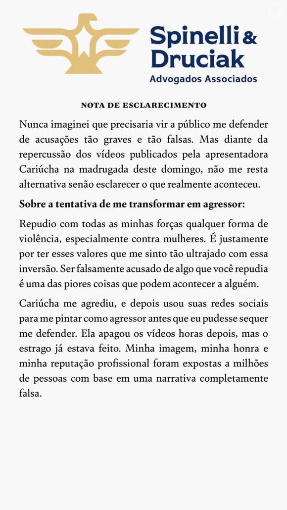 O médico divulgou uma nota emitida por sua equipe jurídica negando as acusações da apresentadora