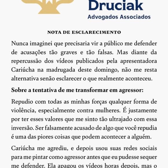 O médico divulgou uma nota emitida por sua equipe jurídica negando as acusações da apresentadora