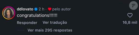 O noivado de Luísa Sonza e Luís Ribeirinho também foi celebrado por Demi Lovato, que deixou uma mensagem de carinho na publicação da cantora: 'Congratulations [Parabéns]'
