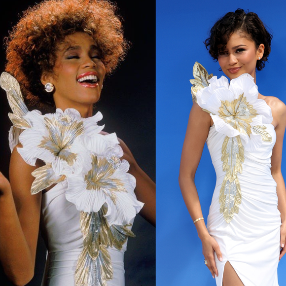 Zendaya revive vestido que marcou Whitney Houston em 1987 e virou figurino clássico de Carrie Bradshaw em ‘Sex and the City’; veja fotos
