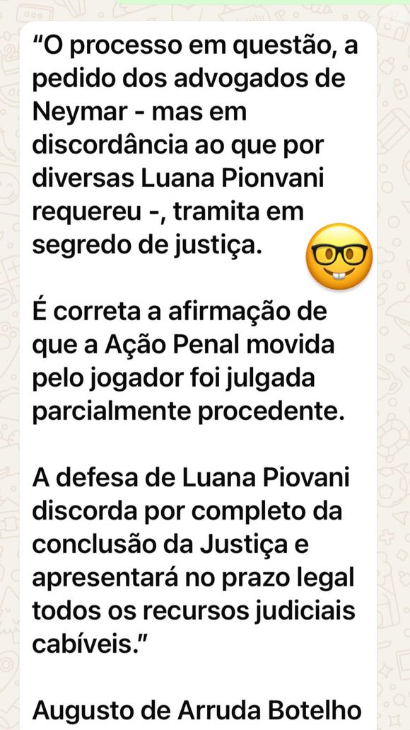 Além do vídeo, Luana Piovani deixou uma explicação de seu advogado dizendo que irá recorrer da decisão judicial