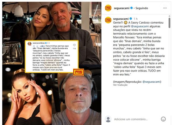Saory Cardoso listou série de críticas que teriam sido feitas por Marcello Novaes, seu ex-namorado, sobre seu corpo