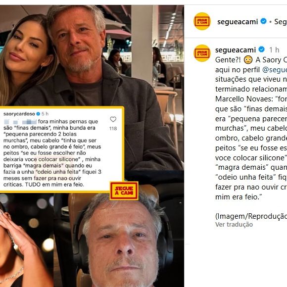 Saory Cardoso listou série de críticas que teriam sido feitas por Marcello Novaes, seu ex-namorado, sobre seu corpo