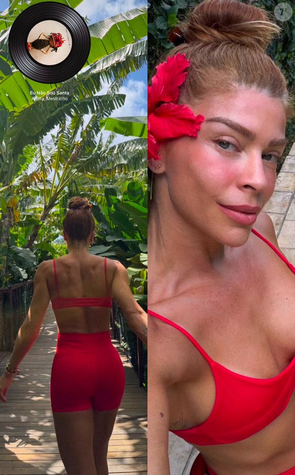 Aos 44 anos, Grazi Massafera roubou a cena nas redes sociais ao posar com um look fitness vermelho que evidenciou o abdômen definido e a musculatura conquistada com uma rotina intensa de exercícios