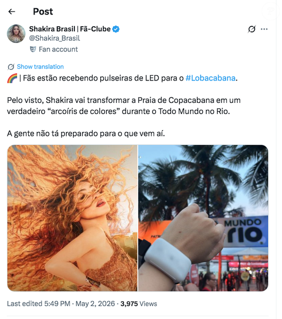 Segundo fã-clubes nas redes sociais, Shakira pretende fazer um 'arco-íris de cores' na praia de Copacabana
