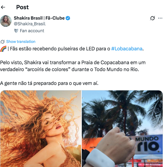 Segundo fã-clubes nas redes sociais, Shakira pretende fazer um 'arco-íris de cores' na praia de Copacabana