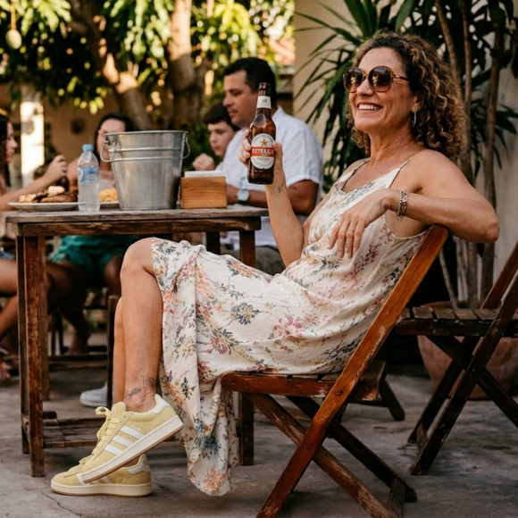 Os novos tênis Adidas na cor 'espuma de cerveja' que prometem destronar o Samba; ideal para mulheres elegantes que amam usá-los com vestido