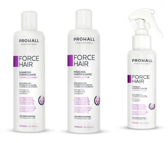 Prohall Professional shampoo (R$ 69,90), máscara (R$ 74,90) e tônico (R$ 49,90)