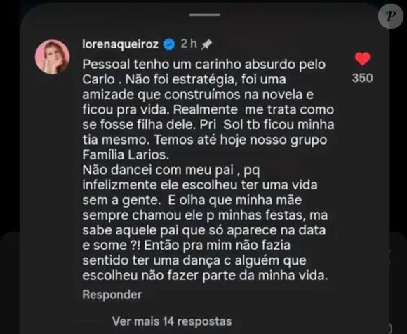 Lorena Queiroz explica o motivo do pai biológico ficar de fora da festa de 15 anos
