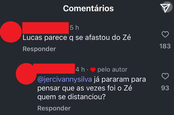 ‘Já pararam pra pensar que, às vezes, foi o Zé Felipe quem se distanciou?’, escreveu outro fã que ganhou curtida de Lucas Guedez