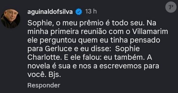 Aguinaldo Silva se declara para Sophie Charlotte, a Gerluce de 'Três Graças', após atriz ser esnobada no 'Melhores do Ano'